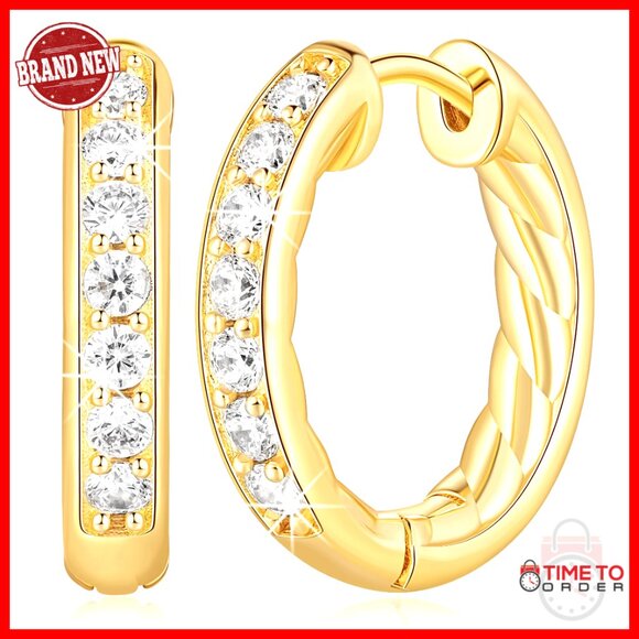 14K Gold Hoop Earrings with Cubic Zirconia 20mm Hinged Closure